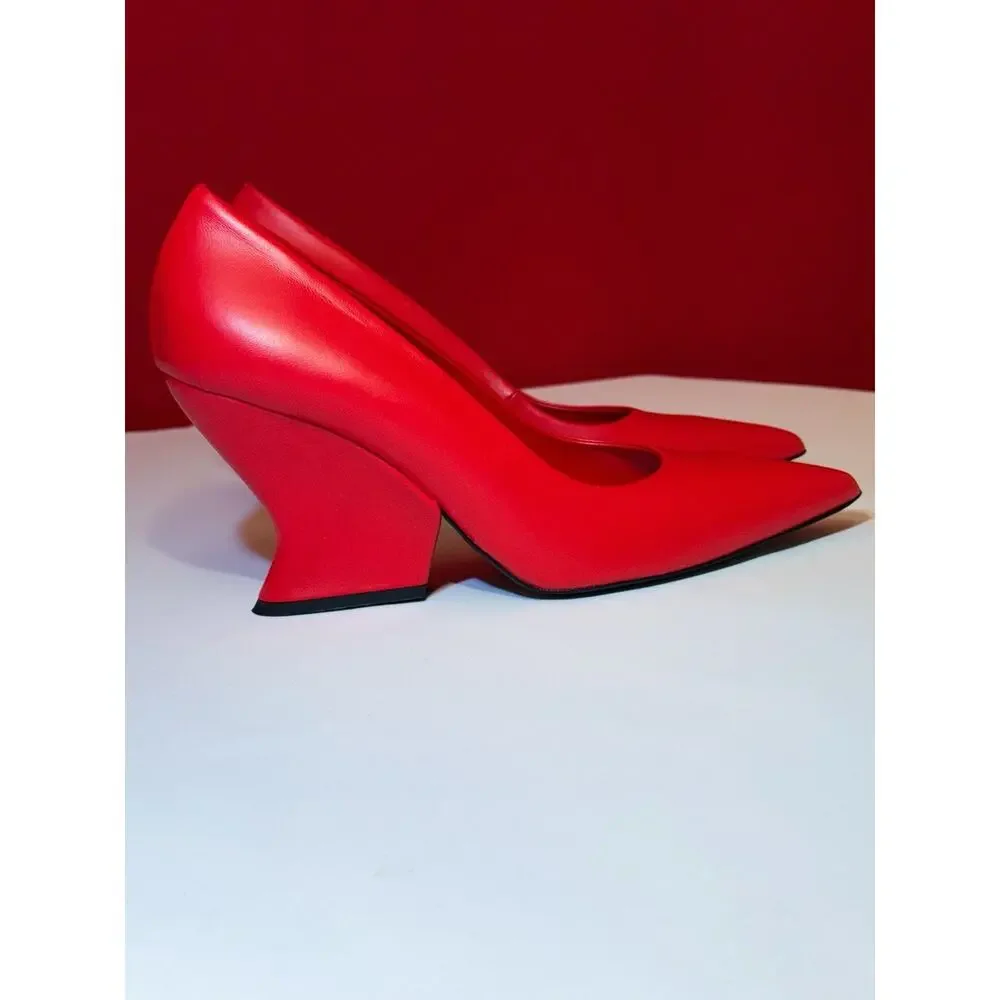 Sz 40 US 8.5 Italy Pumps Sheepskin Red 8 Yoox Wedge Pointed Toe Geometric Heel